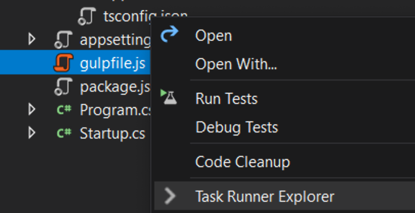 Screenshot of right clicking on the "Gulpfile.js" with 'Task Runner Explorer' selected